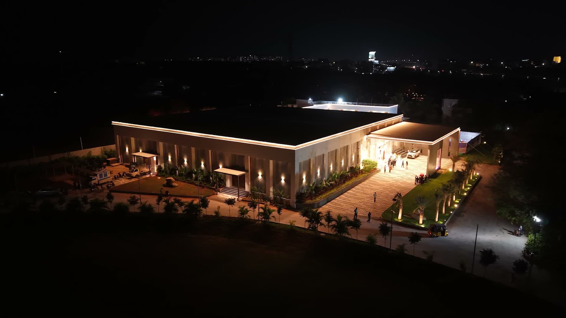 Aerial exterior view of the Samruddhi venue at night